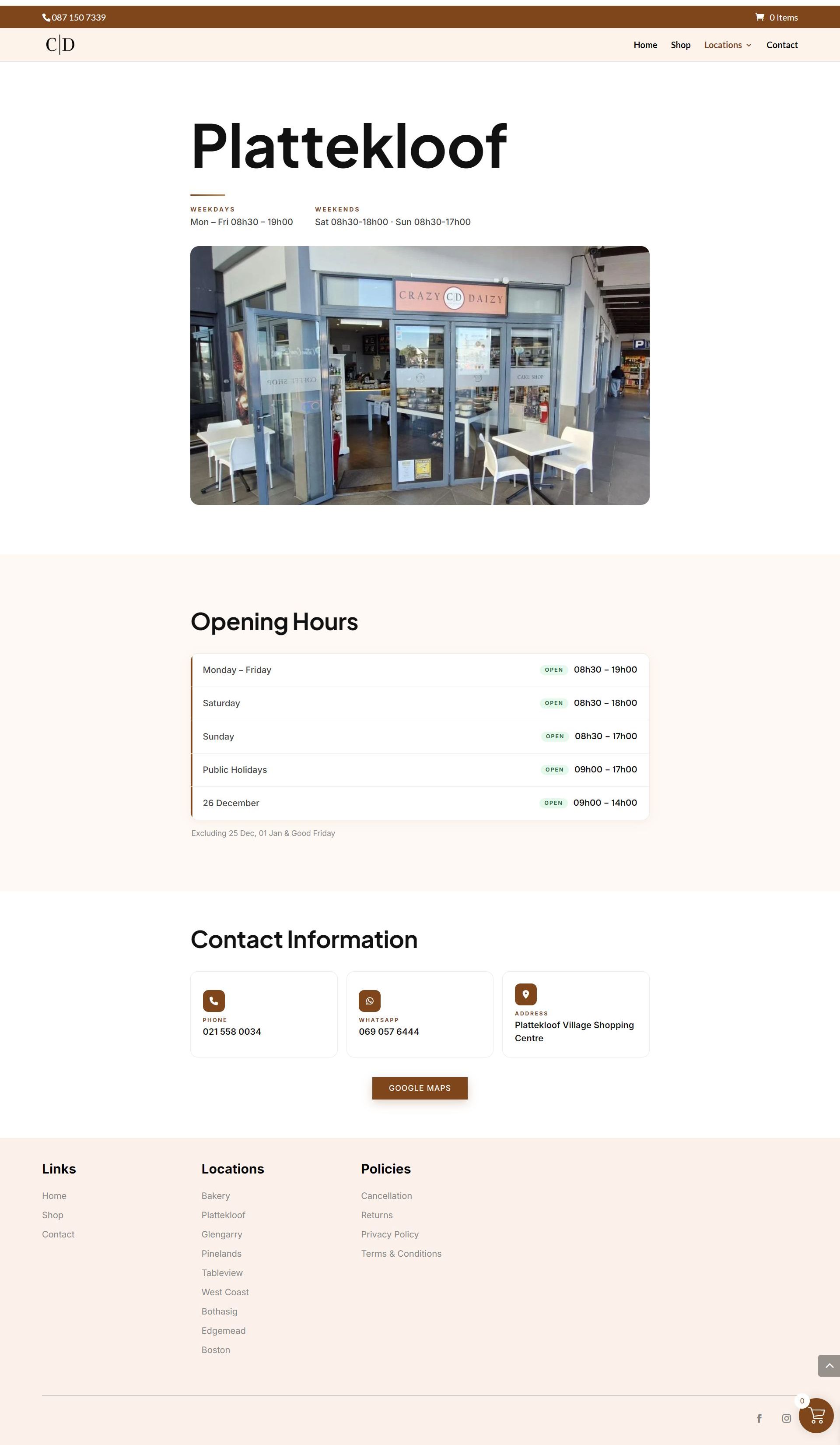 Full scroll of the Crazy Daizy Plattekloof location page, top to bottom