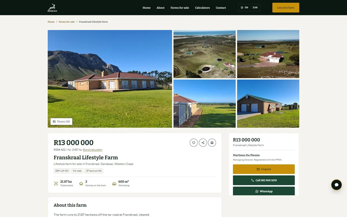 Top of an ERFDEVCO listing page for a lifestyle farm
