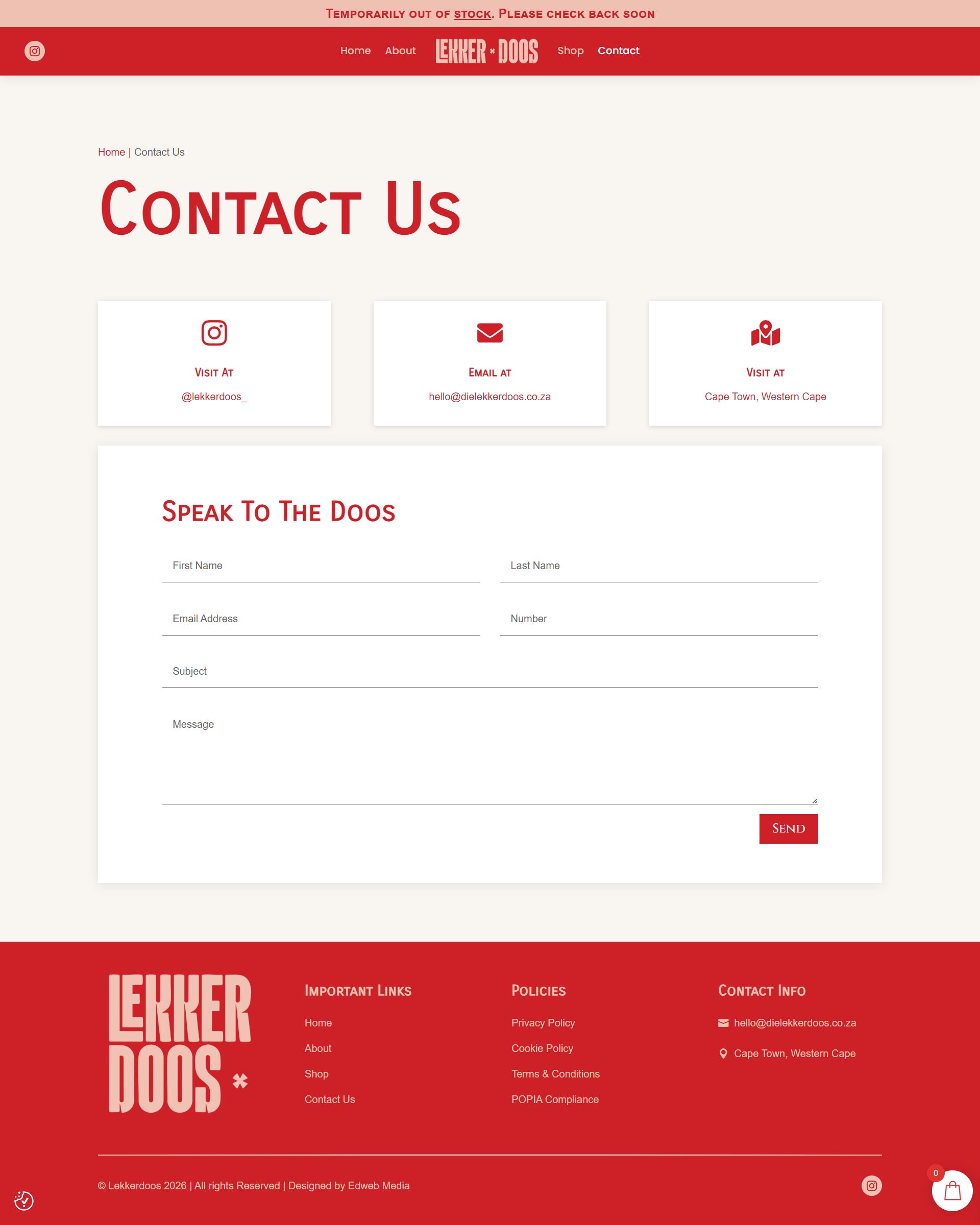 Full scroll of the Lekker Doos contact page, top to bottom