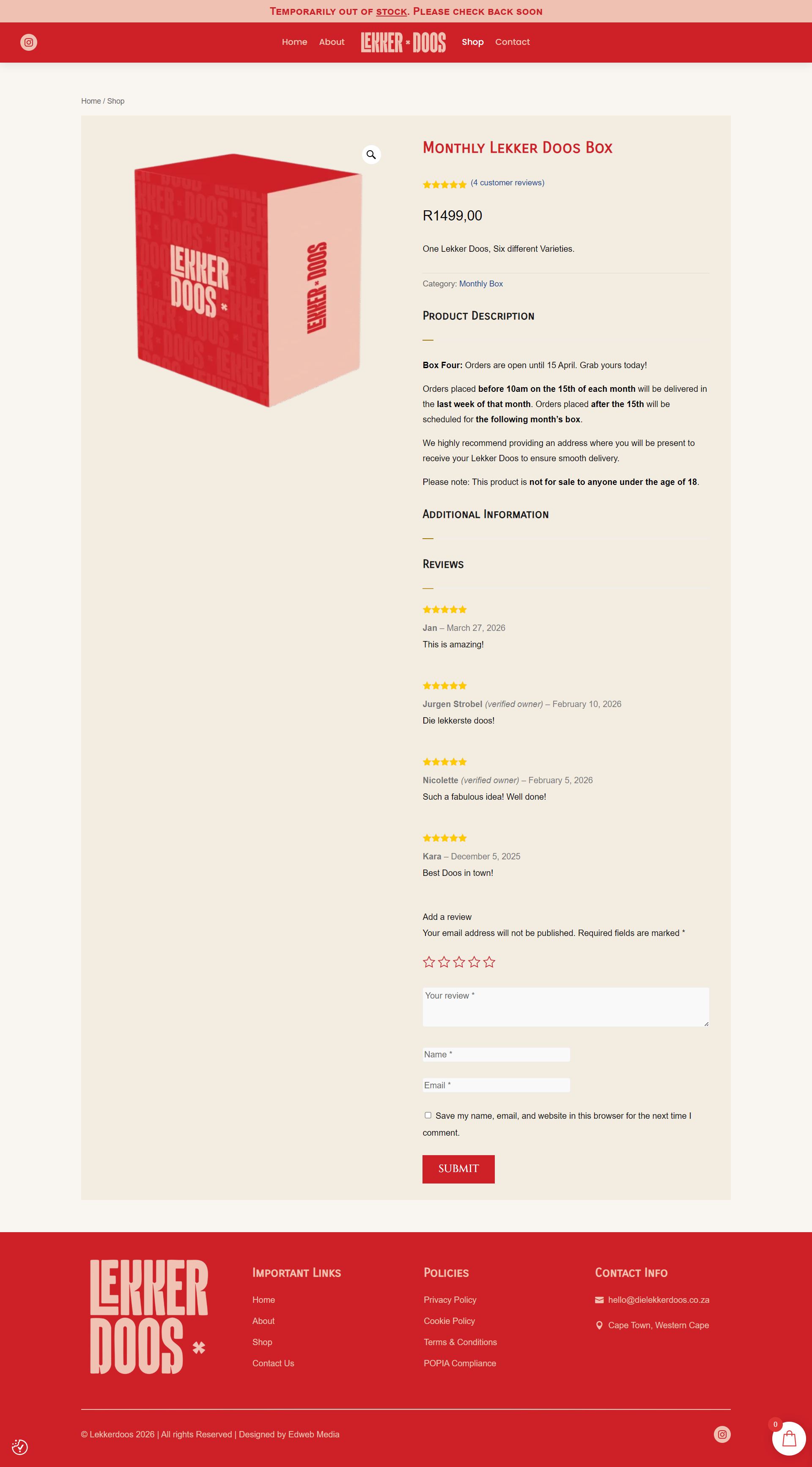 Full scroll of the Lekker Doos shop product page, top to bottom