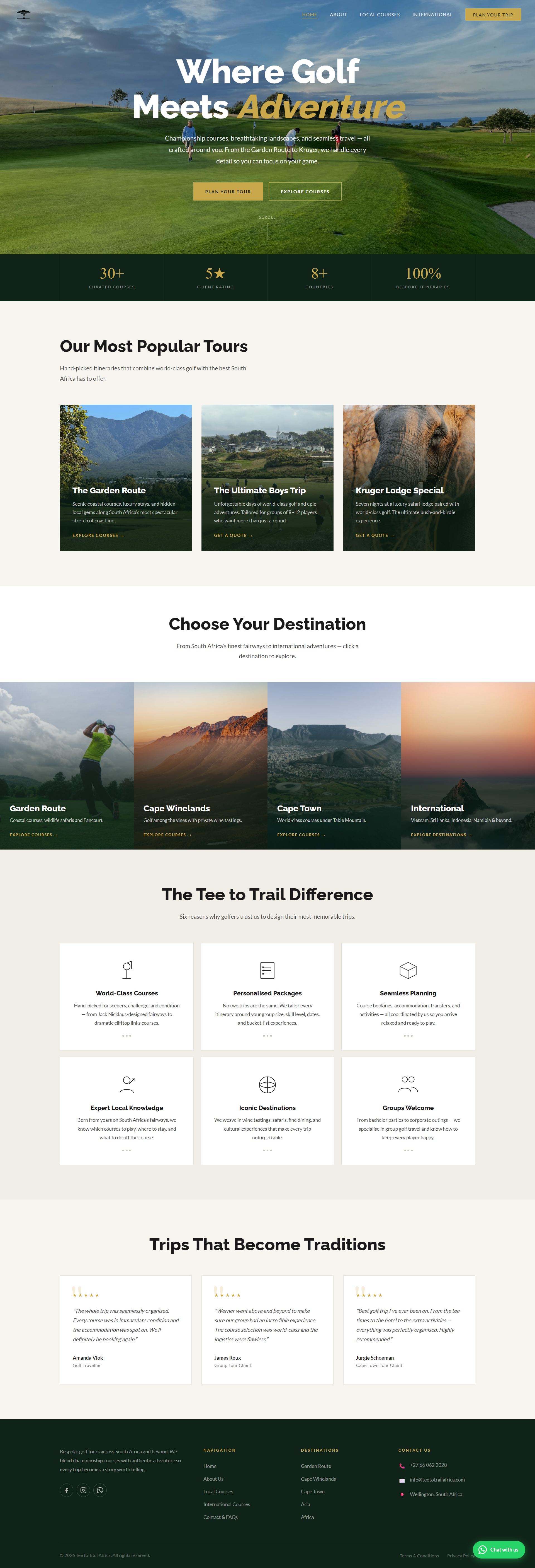 Full scroll of the Tee to Trail Africa homepage, top to bottom