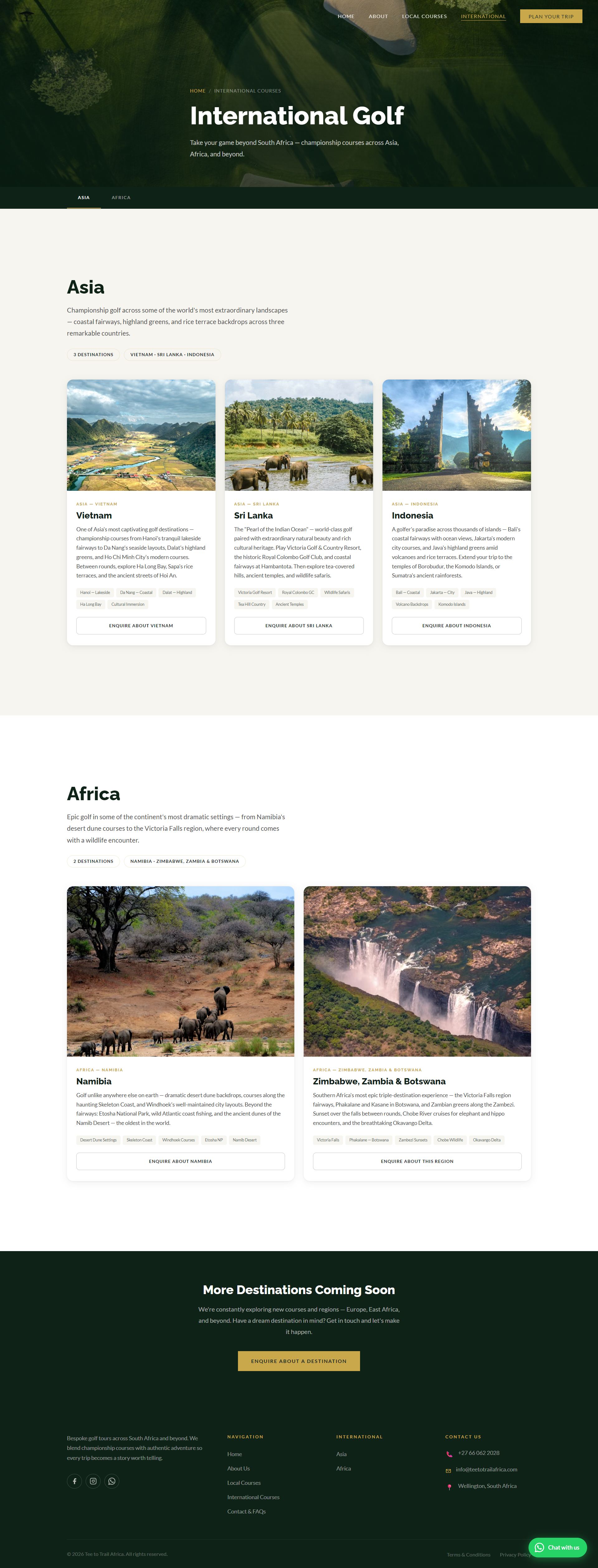 Full scroll of the Tee to Trail Africa international courses page, top to bottom