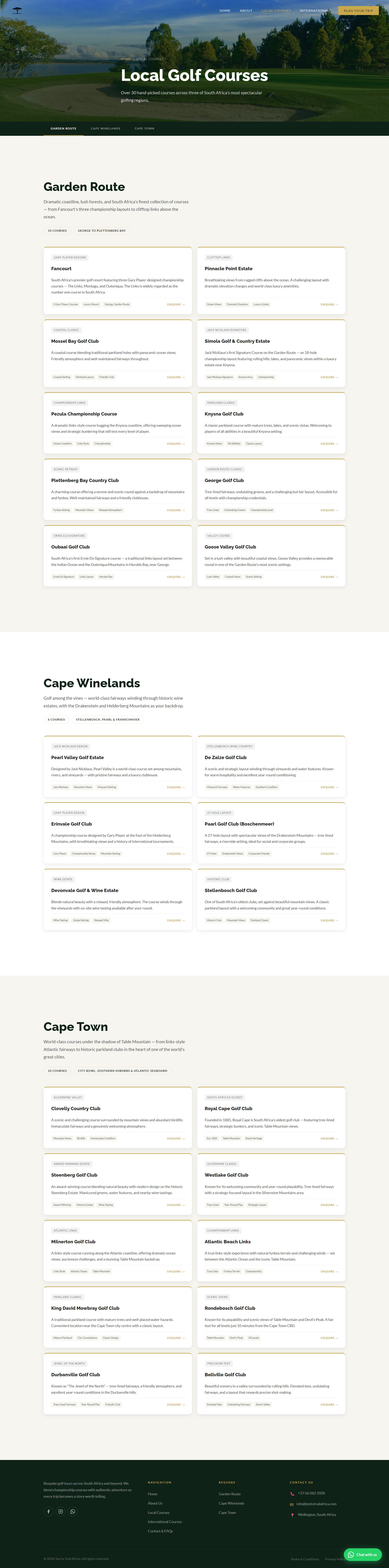 Full scroll of the Tee to Trail Africa local courses page, top to bottom