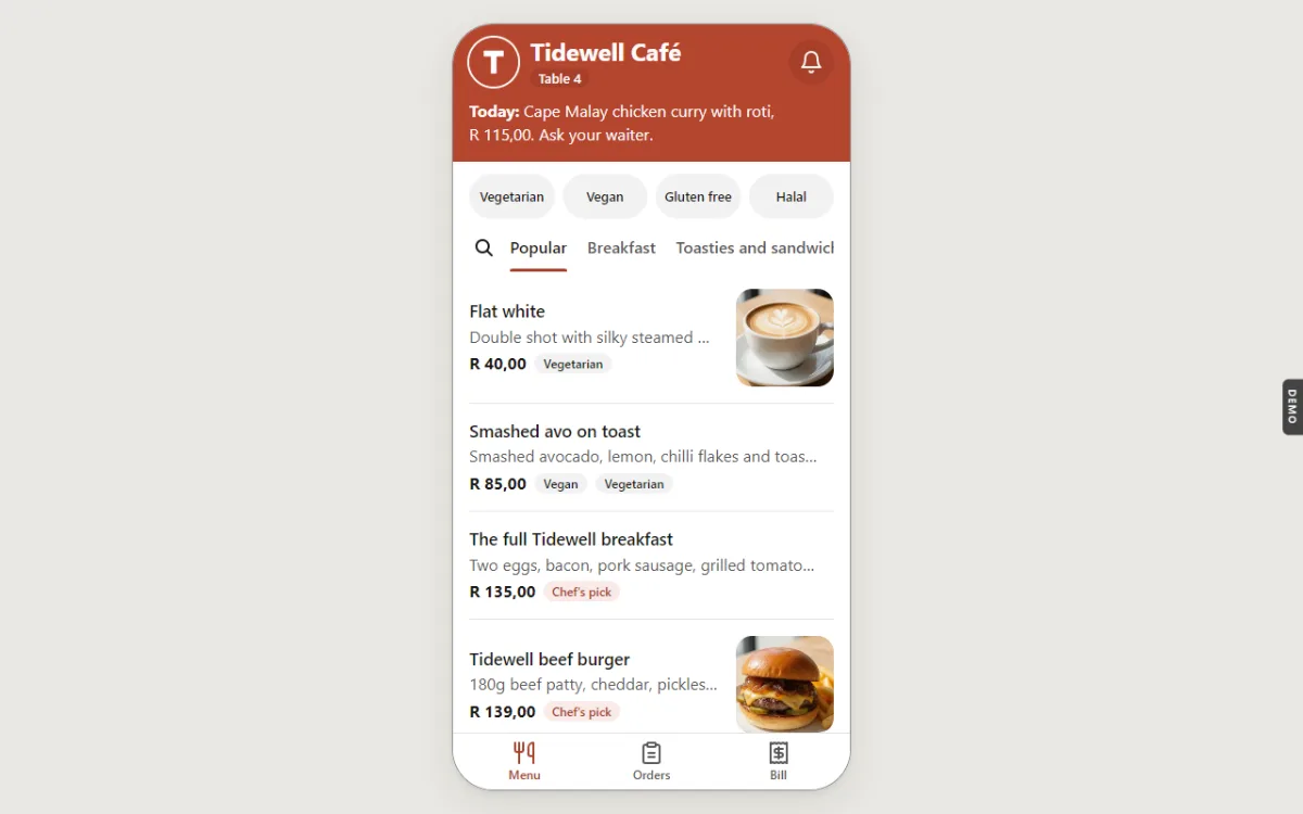 Tidewell Café table ordering app, the menu screen