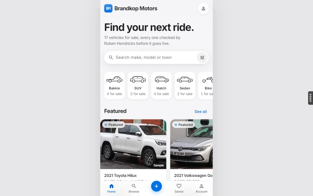 Brandkop Motors car marketplace app, the home screen