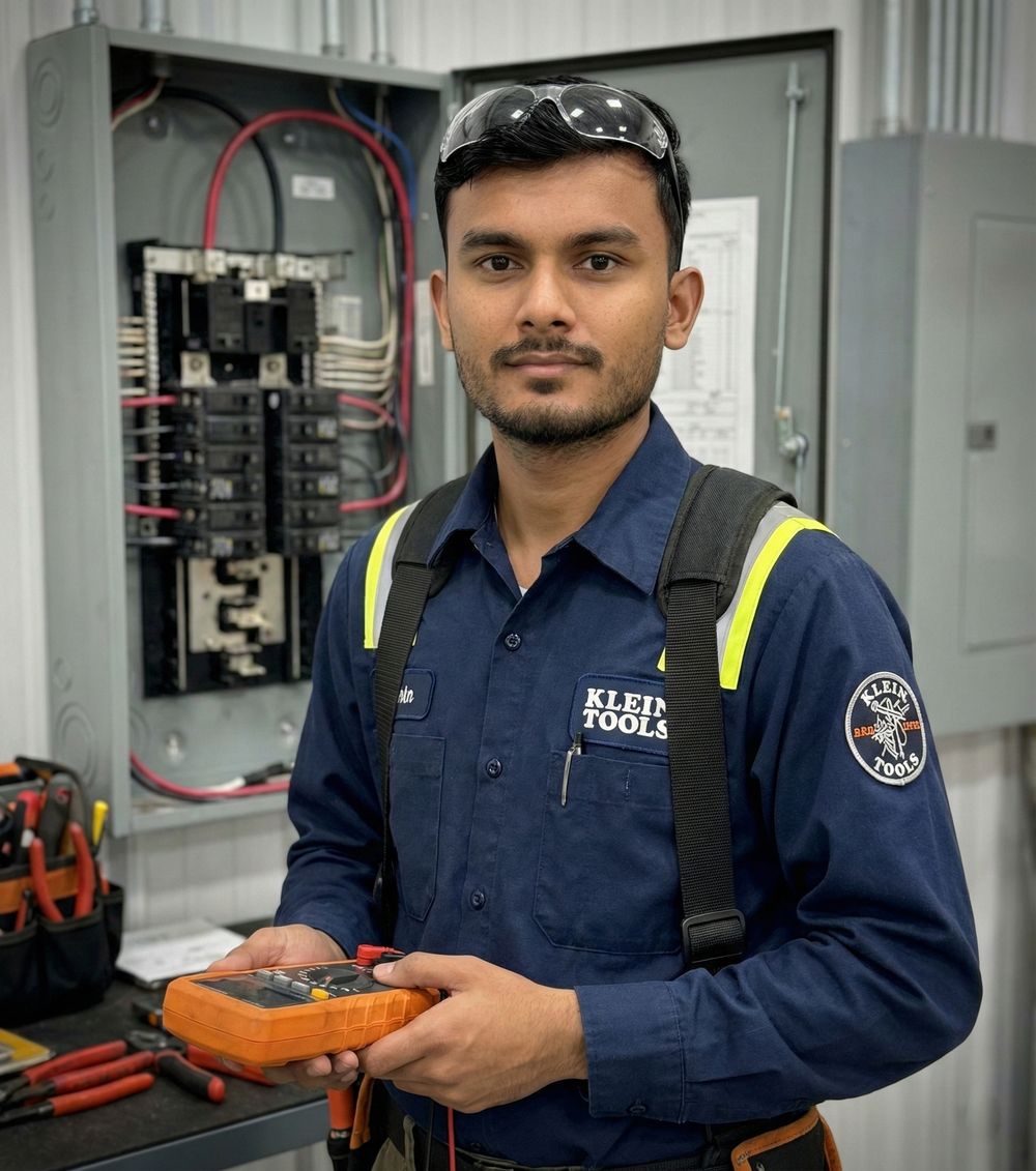 Electrician in safety gear inspecting circuit breakers